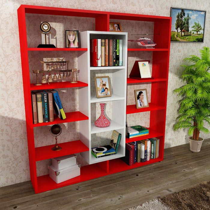 Dekorister Ample Kitaplık Kırmızı Beyaz
