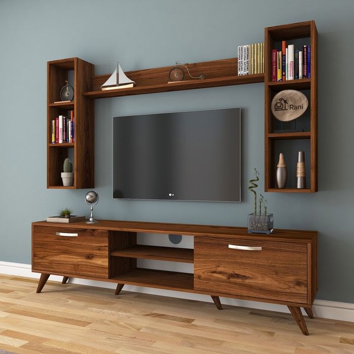 Rani A9 M5 Duvar Raflı Kitaplıklı Tv Ünitesi Ceviz Evidea