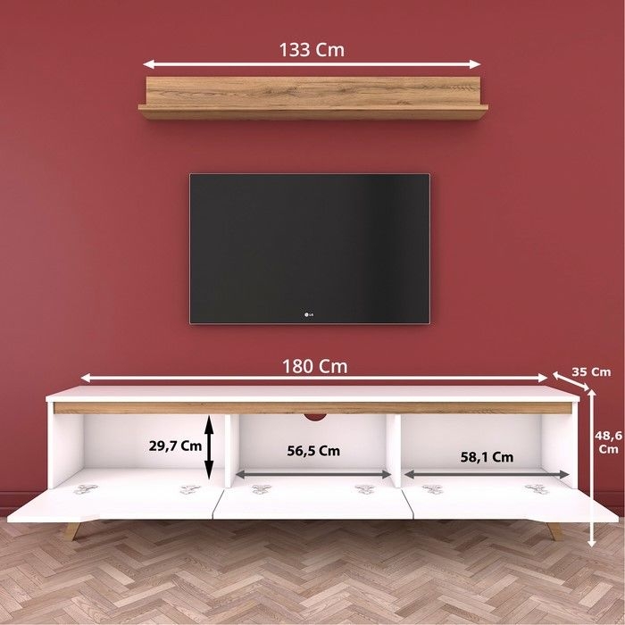 Rani D1 M30 Duvar Raflı Ahşap Ayaklı Tv Ünitesi Ceviz / Beyaz Evidea
