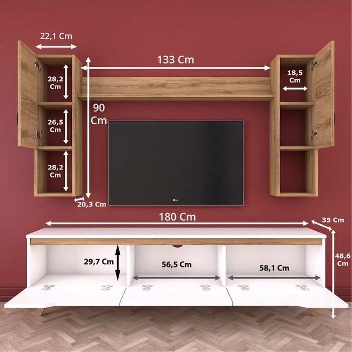 Rani D1 M27 Duvar Raflı Kitaplıklı Ahşap Ayaklı Tv Ünitesi Ceviz