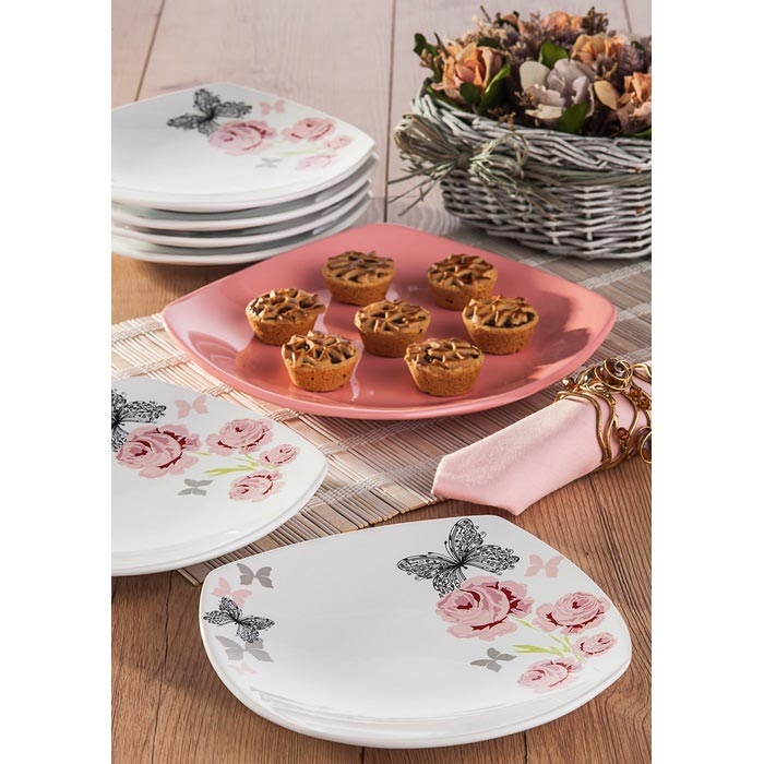 Keramika 7 Parça Pembe Gül Köşem Pasta Takımı 25 cm Evidea