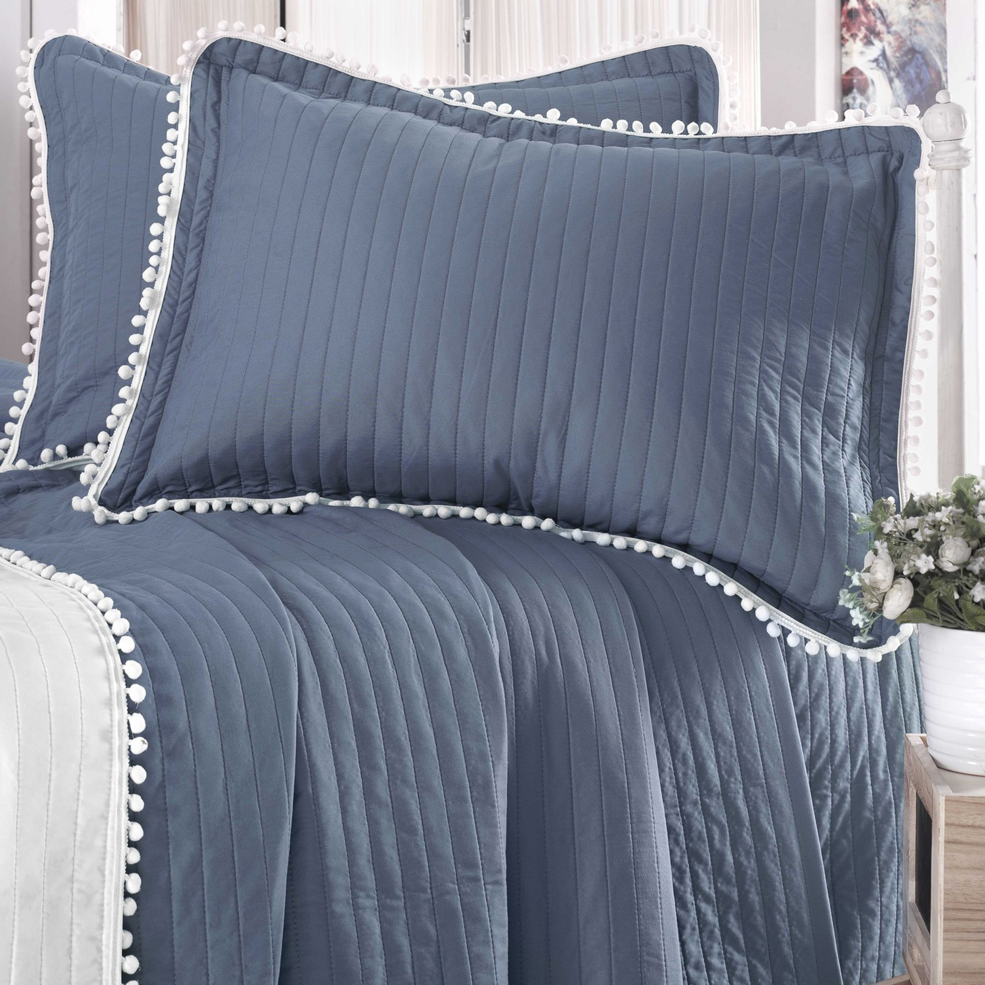 Evim Home Ponponlu Çift Kişilik Yatak Örtüsü Takımı Parlement Mavisi