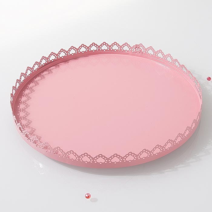 Kılıç Kalpli Metal Yuvarlak Lüks Tepsi Pembe Evidea