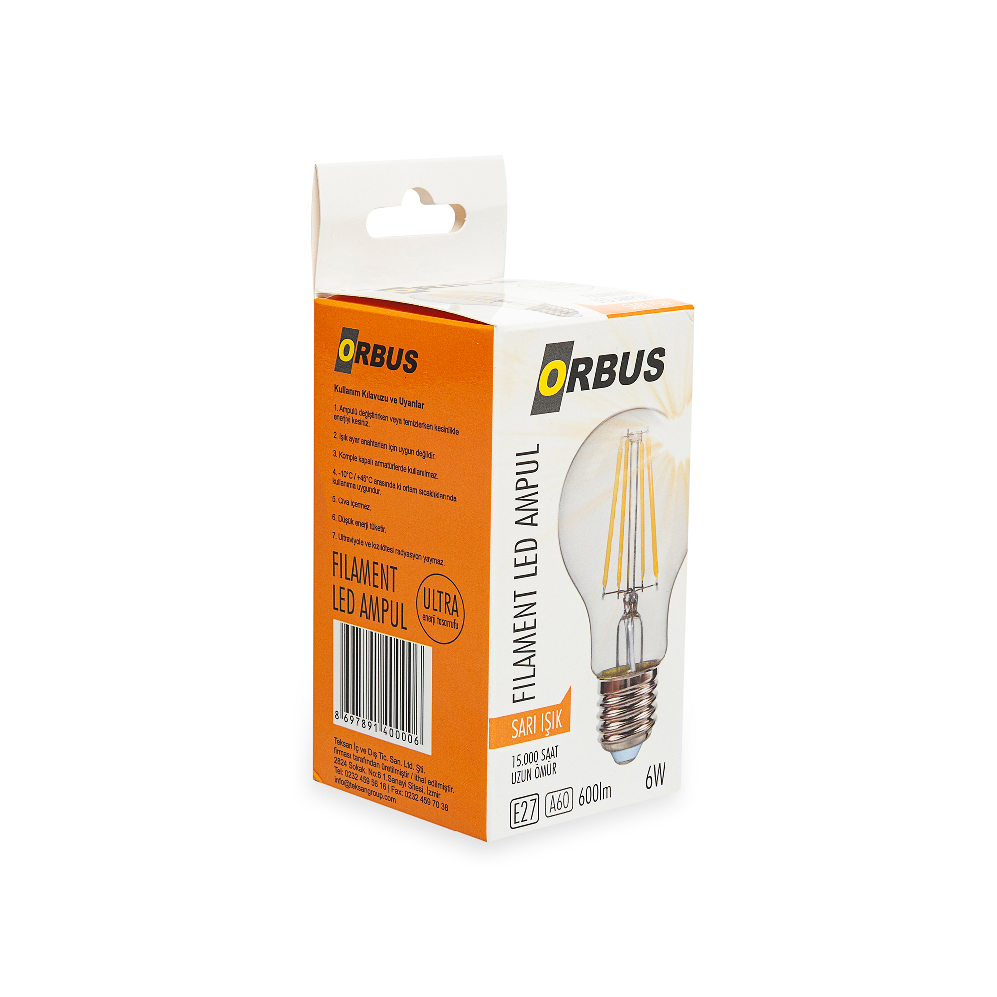 Orbus LED Filament Bulb A60 Clear 6 Watt E27 600lm Ra80 220 240V/50Hz