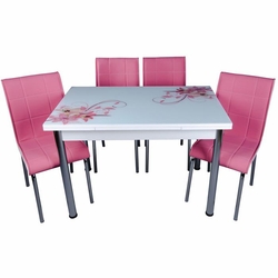Kristal Yandan Acilir Krom Ayakli Cam Masa Ve 4 Sandalye Takimi Beyaz Pembe Evidea